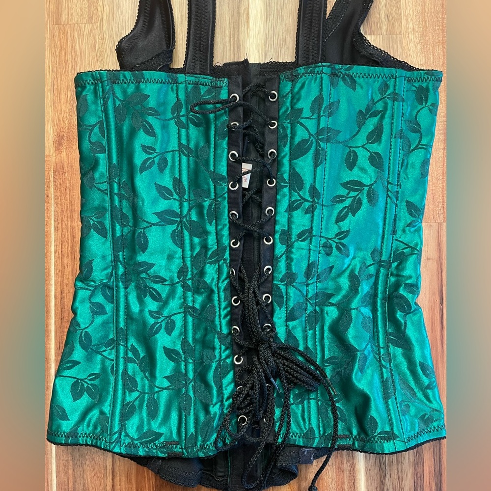 Emerald Satin Lace Up Corset With Ivy Pattern View 5